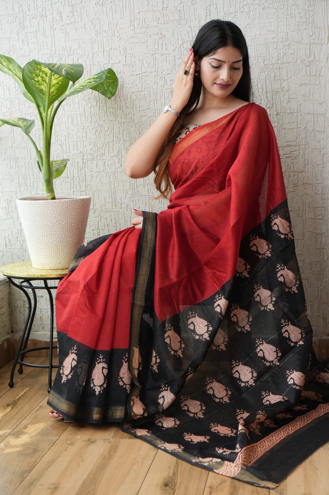 Maroon Maheshwari Silk Handblock Printed Saree with Plain Body and Paisley Border – Wholesale Designer Silk Saree